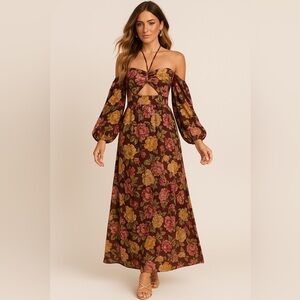 En Crème Floral Maxi Dress Boho Cutout Halter Long Sleeve Burgundy Yellow NWT M
